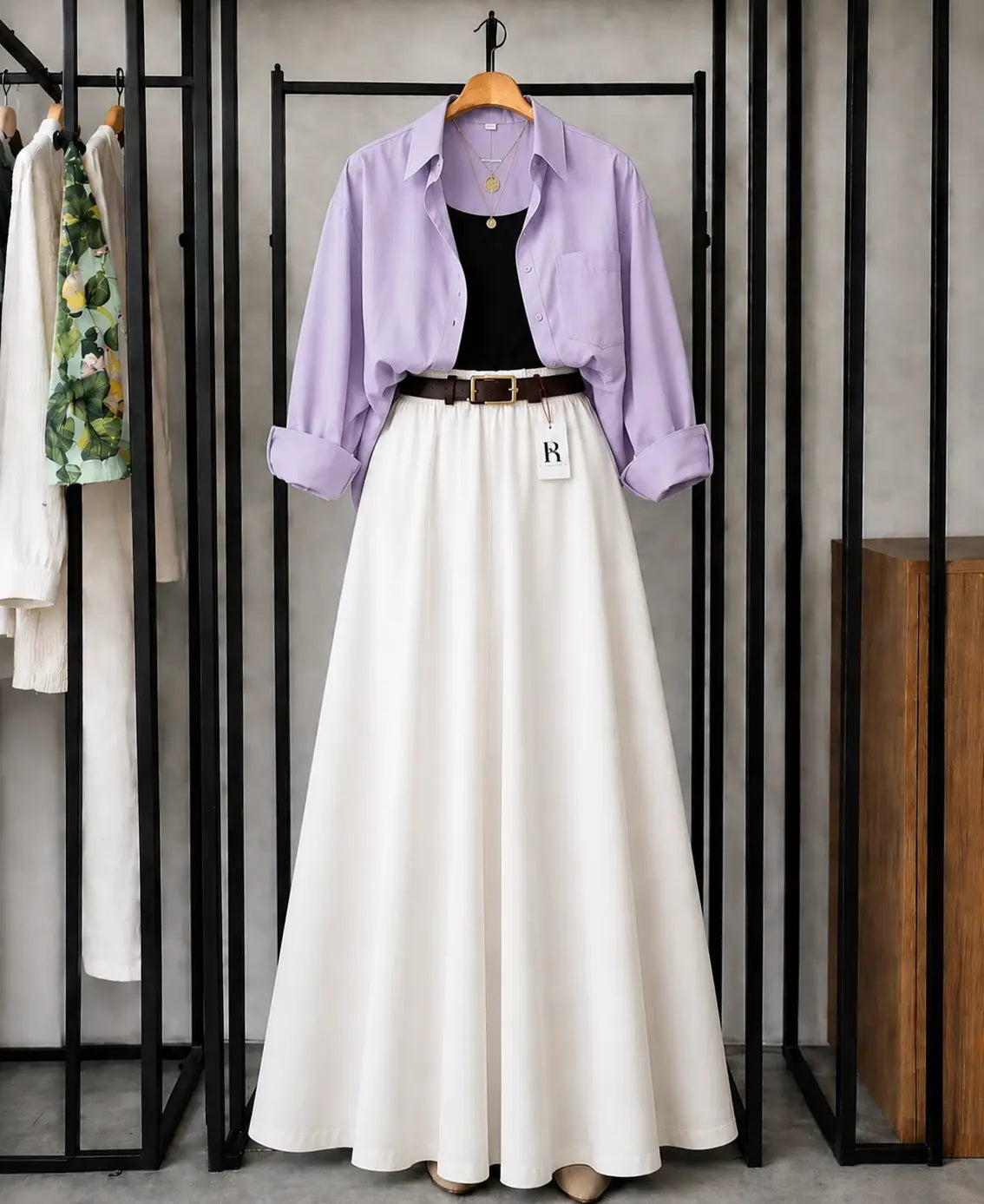 SUMMER TRIO PACK ( LILAC BUTTON DOWN SHIRT WITH BLACK INNER AND WHITE MAXI SKIRT)