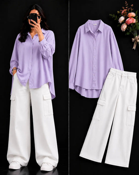 DUO PACK ( LILAC BUTTON DOWN SHIRT WITH WHITE WIDE LEG CARGO DENIM )