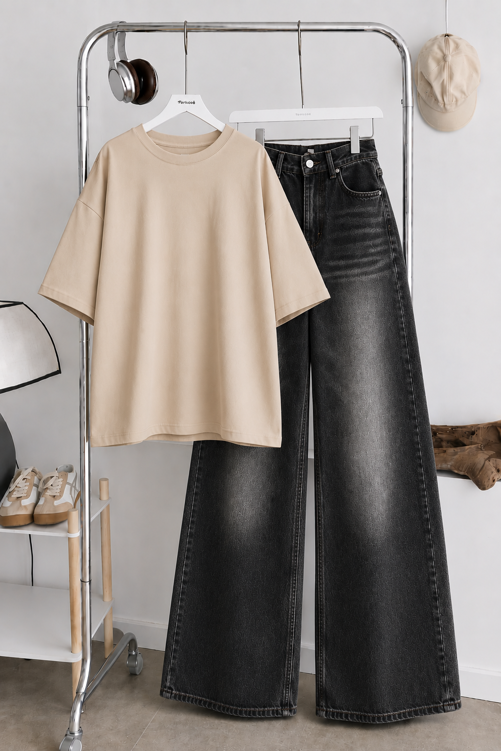 (DUO PACK) BEIGE BAGGY TEE WITH MALAYSIAN BLACK FADED WIDE LEG JEANS.