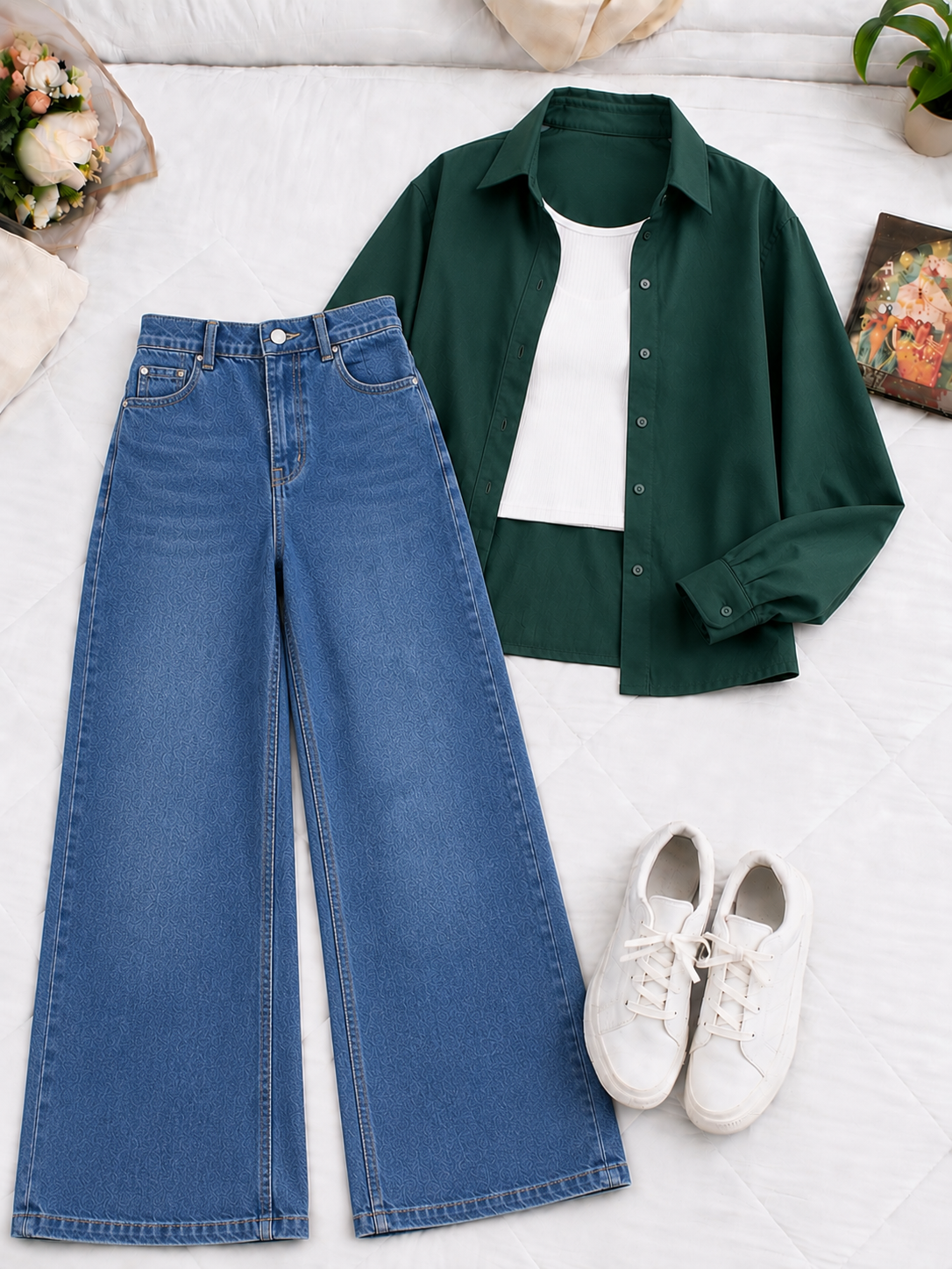 (TRIO PACK) BOTTLE GREEN BUTTON DOWN SHIRT WITH WHITE INNER AND MID BLUE FADED WIDE LEG JEANS