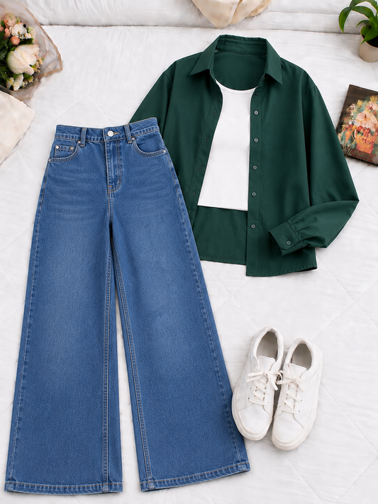 (TRIO PACK) BOTTLE GREEN BUTTON DOWN SHIRT WITH WHITE INNER AND MID BLUE FADED WIDE LEG JEANS
