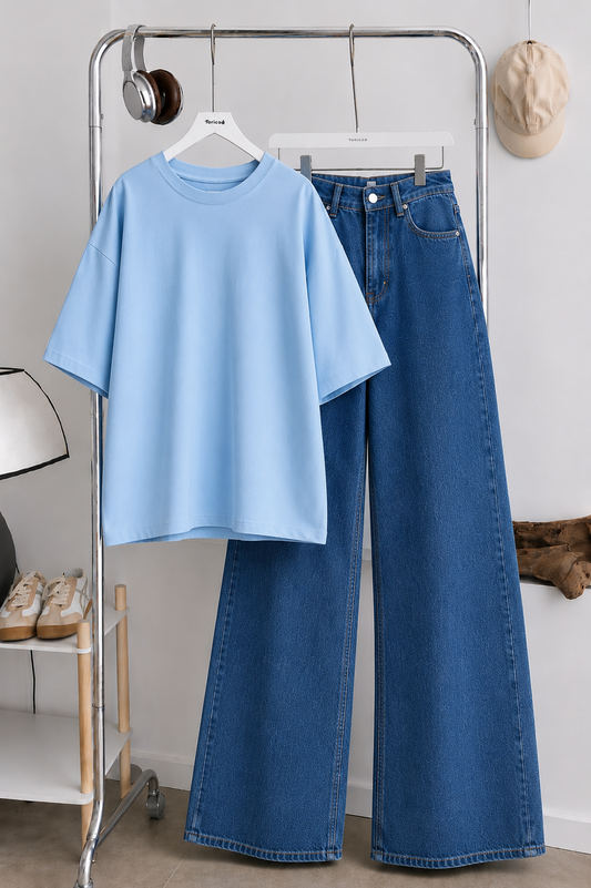 (DUO PACK) SKY BLUE BAGGY TEE WITH MID BLUE WIDE LEG JEANS.