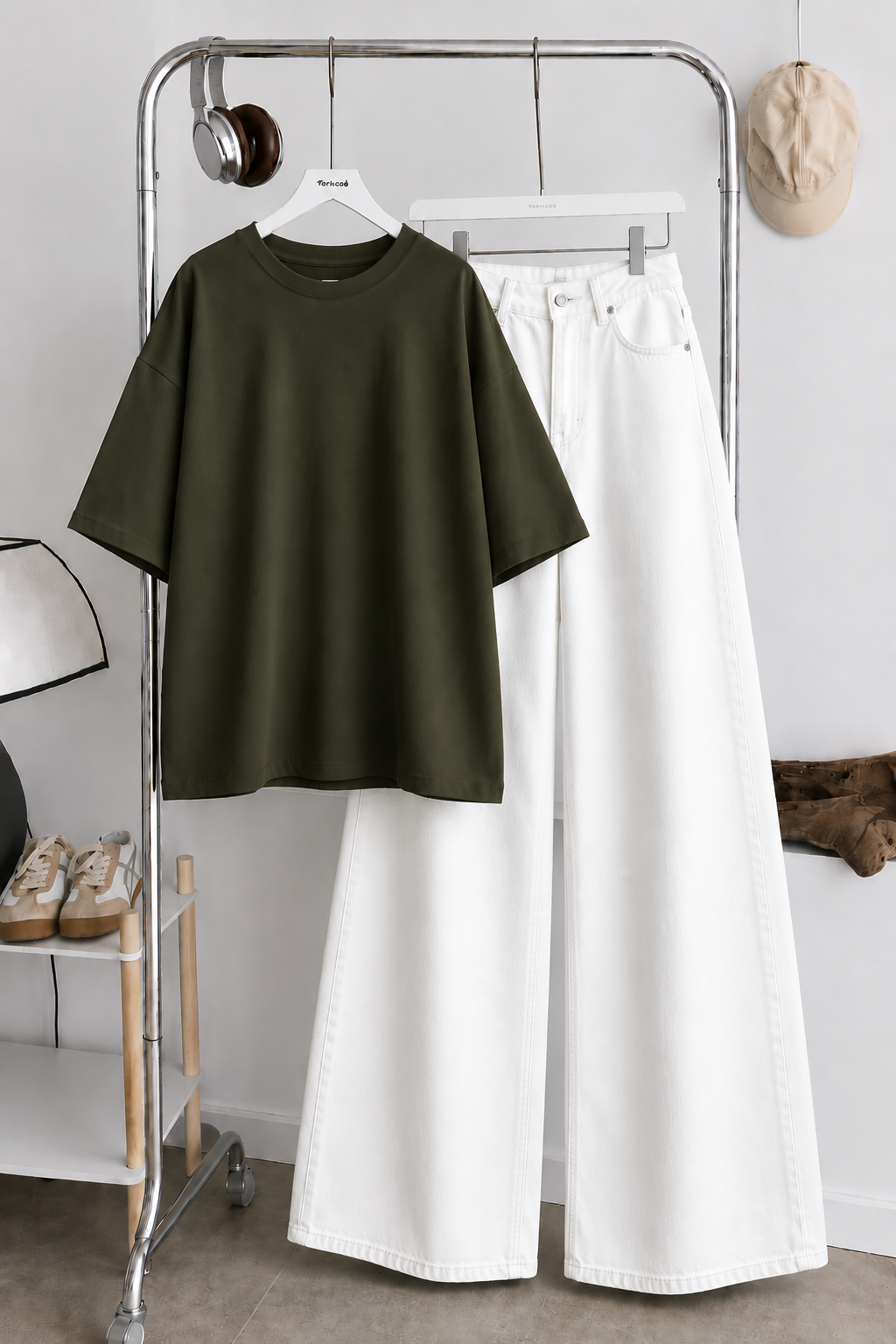(DUO PACK) OLIVE GREEN BAGGY TEE WITH WHITE WIDE LEG JEANS.