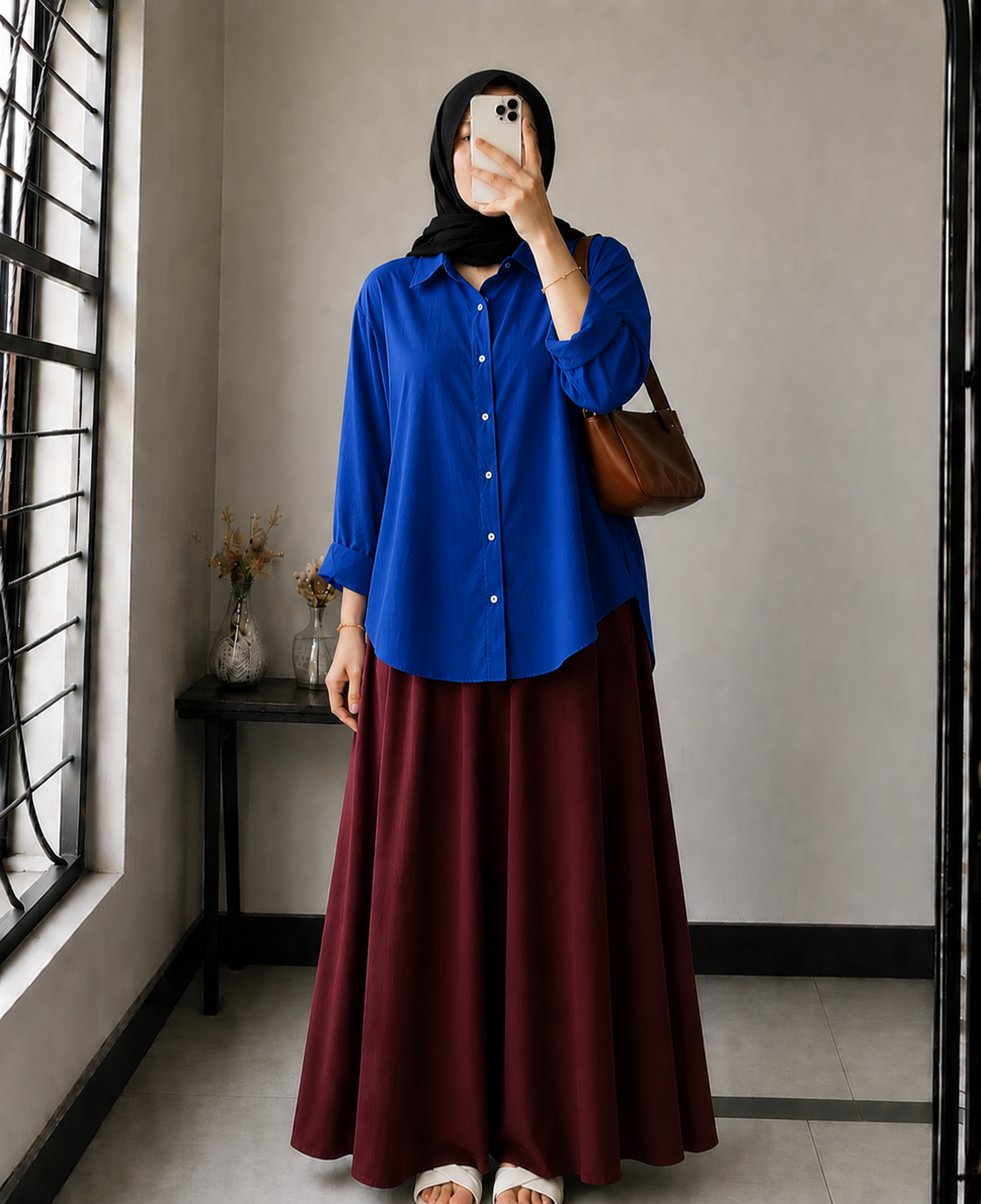 DUO PACK ( ROYAL BLUE BUTTON DOWN SHIRT WITH MAROON MAXI SKIRT )