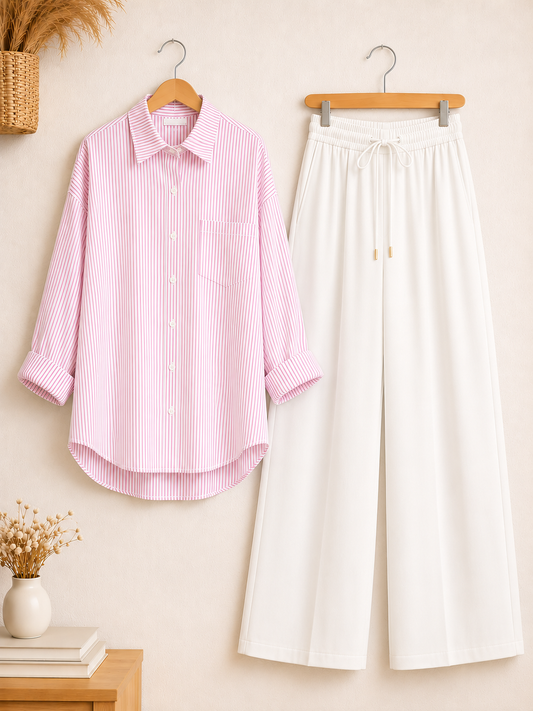 DUO PACK ( WHITE AND PINK STRIPES BUTTON DOWN SHIRT WITH WHITE FLAPPER TROUSER )