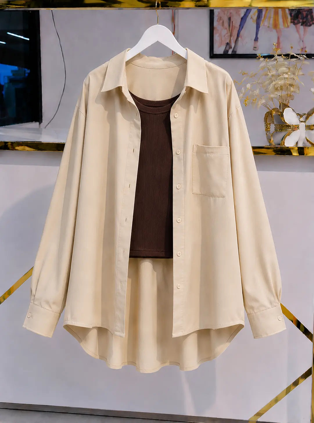 DUO PACK ( BEIGE BUTTON DOWN SHIRT WITH DARK BROWN INNER )