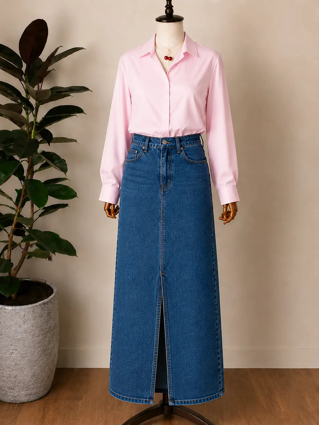 DUO PACK ( BABY PINK BUTTON DOWN SHIRT WITH MID BLUE DENIM SKIRT )
