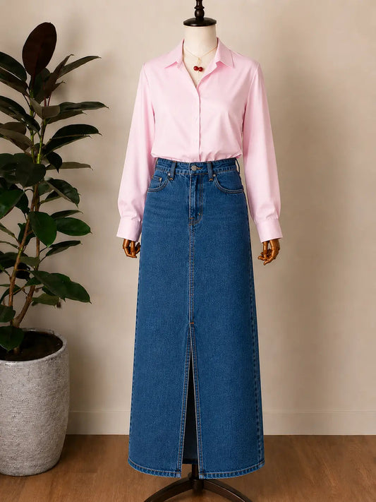 DUO PACK ( BABY PINK BUTTON DOWN SHIRT WITH MID BLUE DENIM SKIRT )