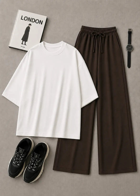 DUO PACK ( WHITE TEE BAGGY TEE WITH DARK BROWN FLAPPER TROUSER)