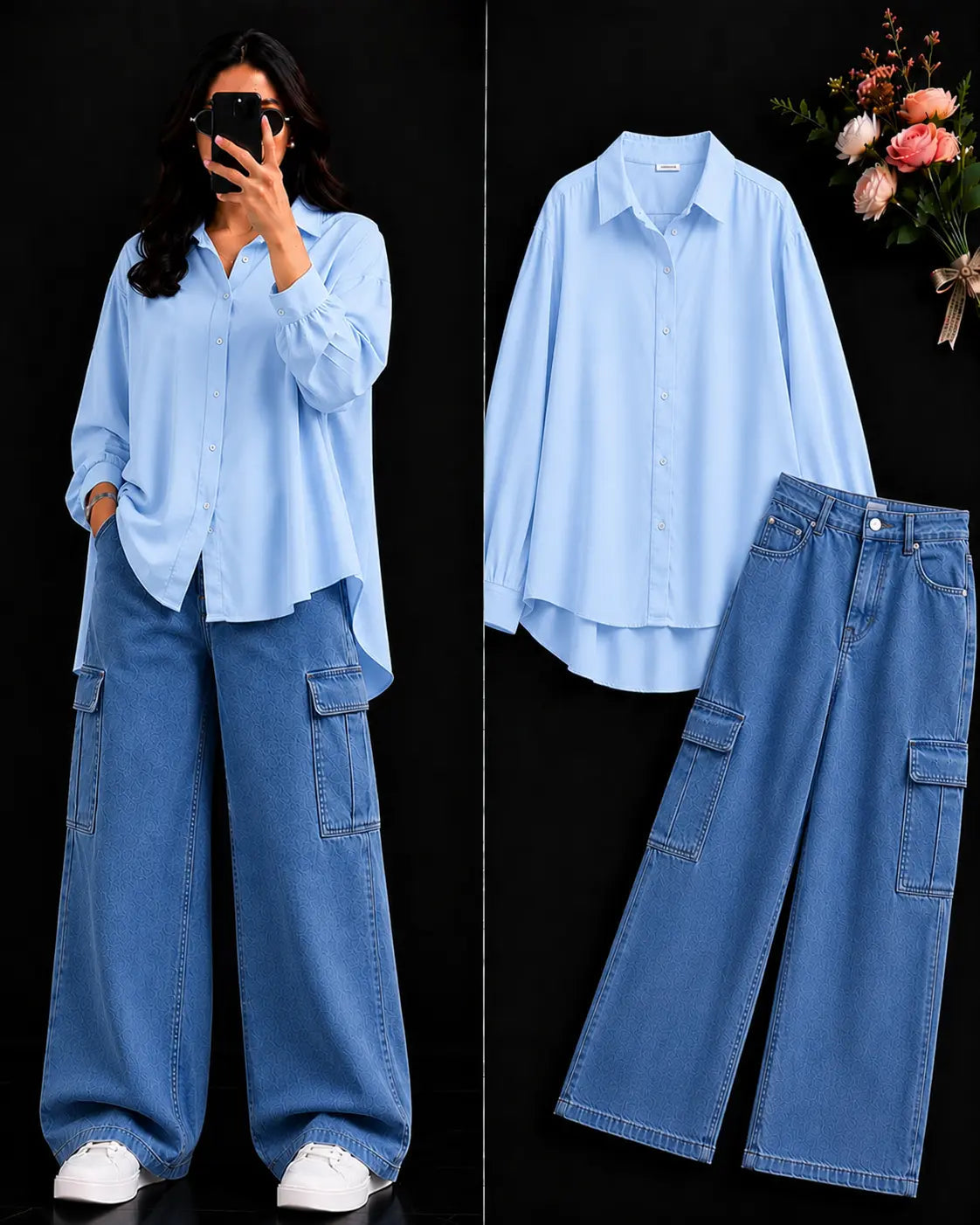 DUO PACK ( SKY BLUE BUTTON DOWN SHIRT WITH MID BLUE WIDE LEG CARGO DENIM )
