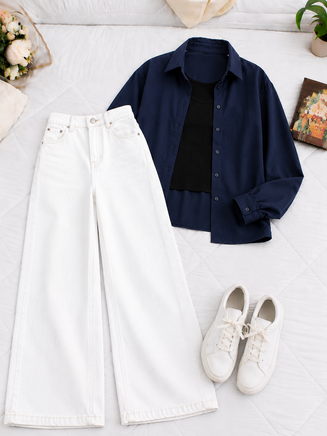 (TRIO PACK) NAVY BLUE BUTTON DOWN SHIRT WITH BLACK INNER AND WHITE WIDE LEG JEANS