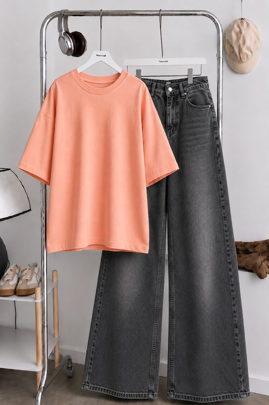 (DUO PACK) PEACH BAGGY TEE WITH CHARCOAL GREY WIDE LEG JEANS.