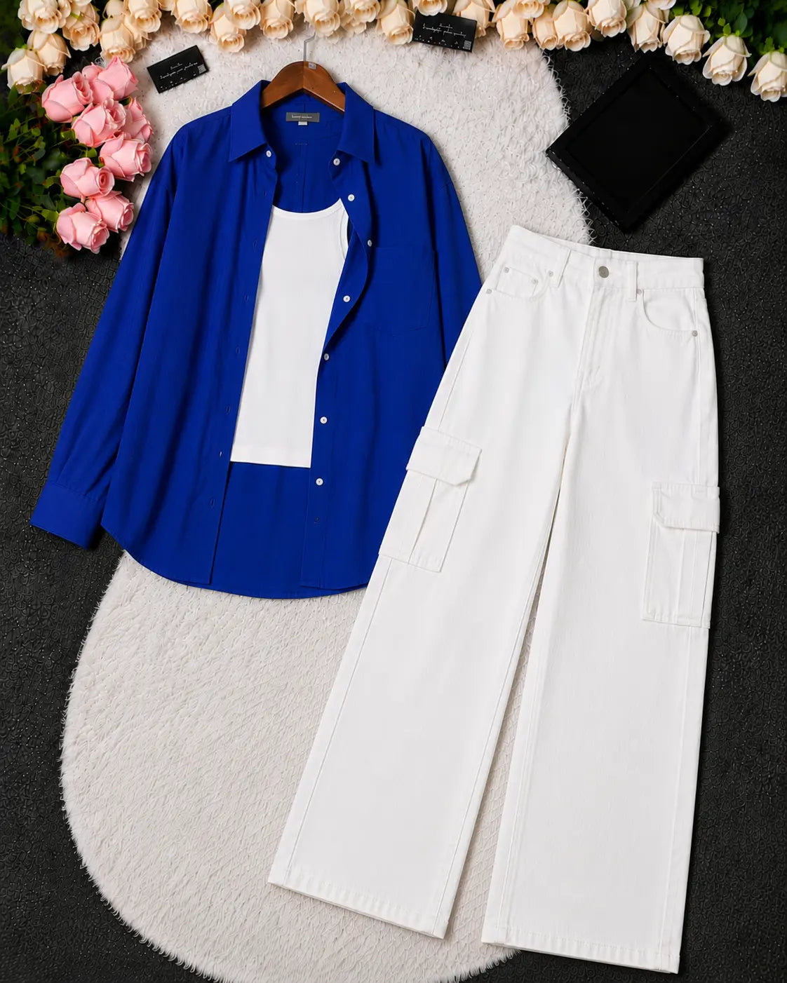 SUMMER TRIO PACK ( ROYAL BLUE BUTTON DOWN SHIRT WITH WHITE INNER AND WHITE WIDE LEG CARGO DENIM)