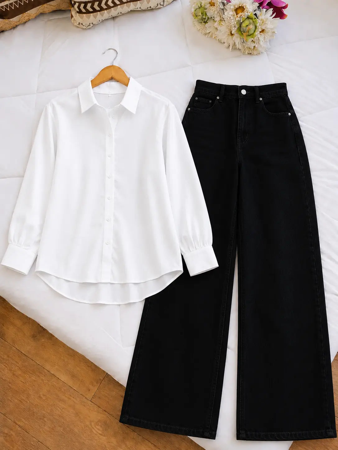 DUO PACK (WHITE BUTTON DOWN SHIRT WITH BLACK WIDE LEG JEANS.)