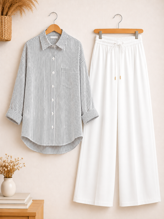 DUO PACK ( WHITE AND BLACK STRIPES BUTTON DOWN SHIRT WITH WHITE FLAPPER TROUSER )