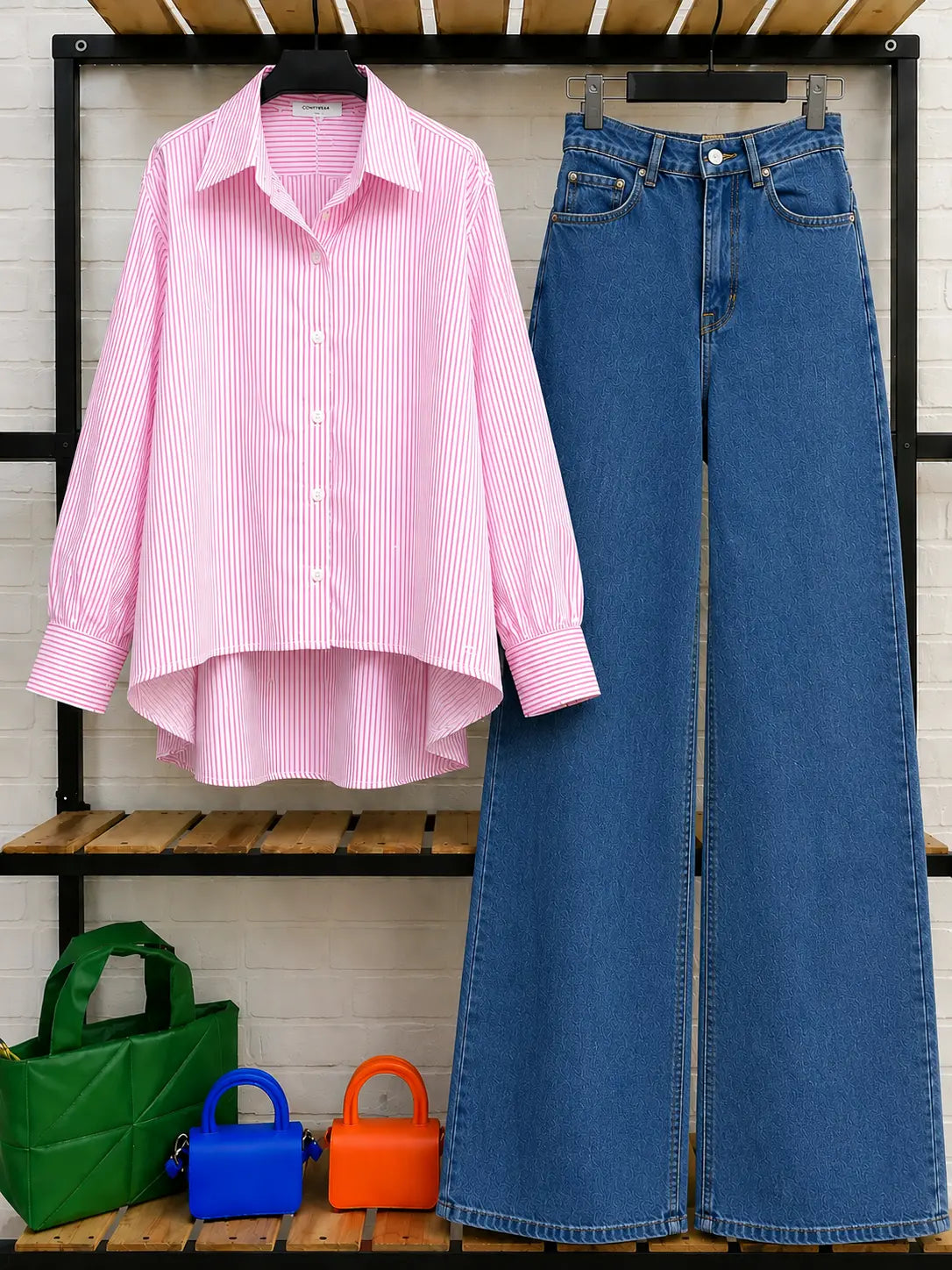 DUO PACK ( WHITE AND PINK STRIPES BUTTON DOWN SHIRT WITH MID BLUE WIDE LEG JEANS )