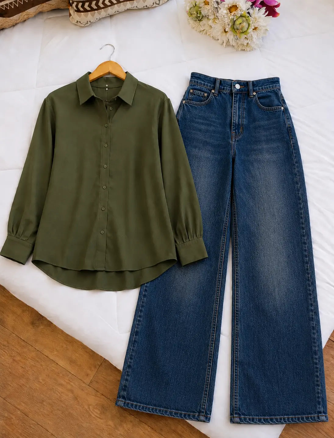 DUO PACK (OLIVE GREEN BUTTON DOWN SHIRT WITH DARK MID BLUE FADED WIDE LEG JEANS.
