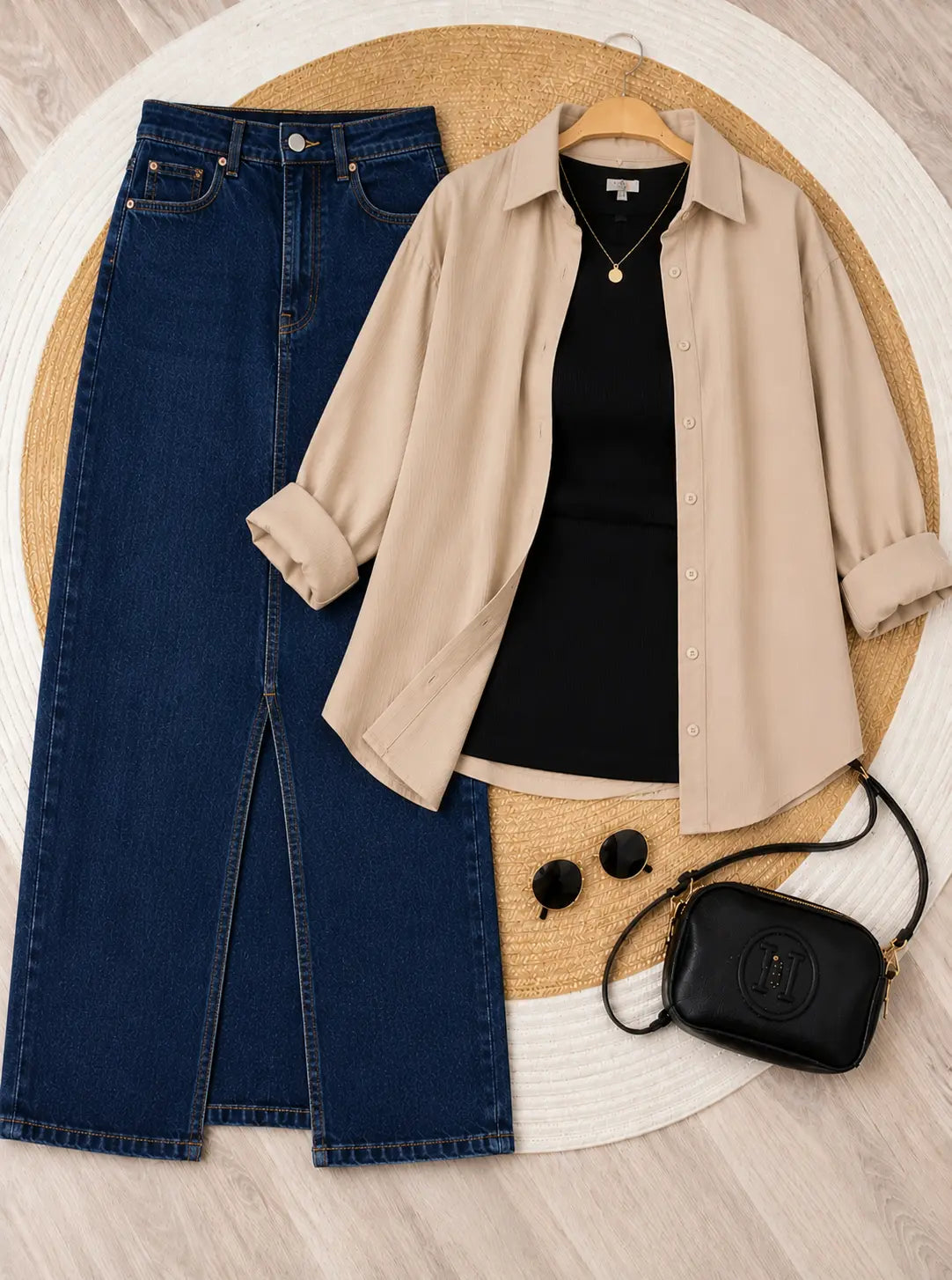 SUMMER TRIO PACK ( BEIGE BUTTON DOWN SHIRT WITH BLACK INNER AND DARK BLUE DENIM SKIRT )