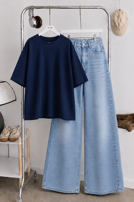 (DUO PACK) NAVY BLUE BAGGY TEE WITH SKY BLUE FADED WIDE LEG JEANS.