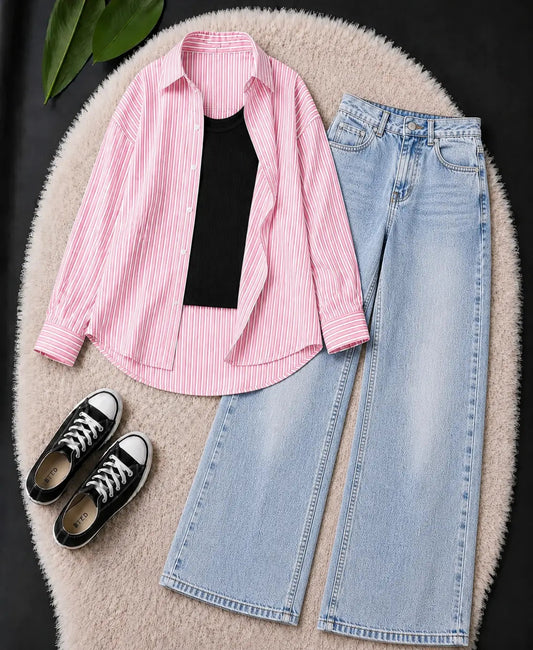 TRIO PACK (WHITE AND PINK STRIPES BUTTON DOWN SHIRT WITH BLACK INNER AND SKY BLUE FADED WIDE LEG JEANS)