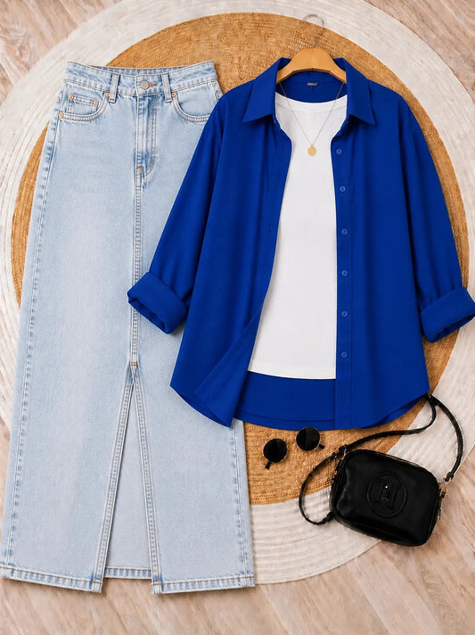 SUMMER TRIO PACK ( ROYAL BLUE BUTTON DOWN SHIRT WITH WHITE INNER AND ICE BLUE DENIM SKIRT )