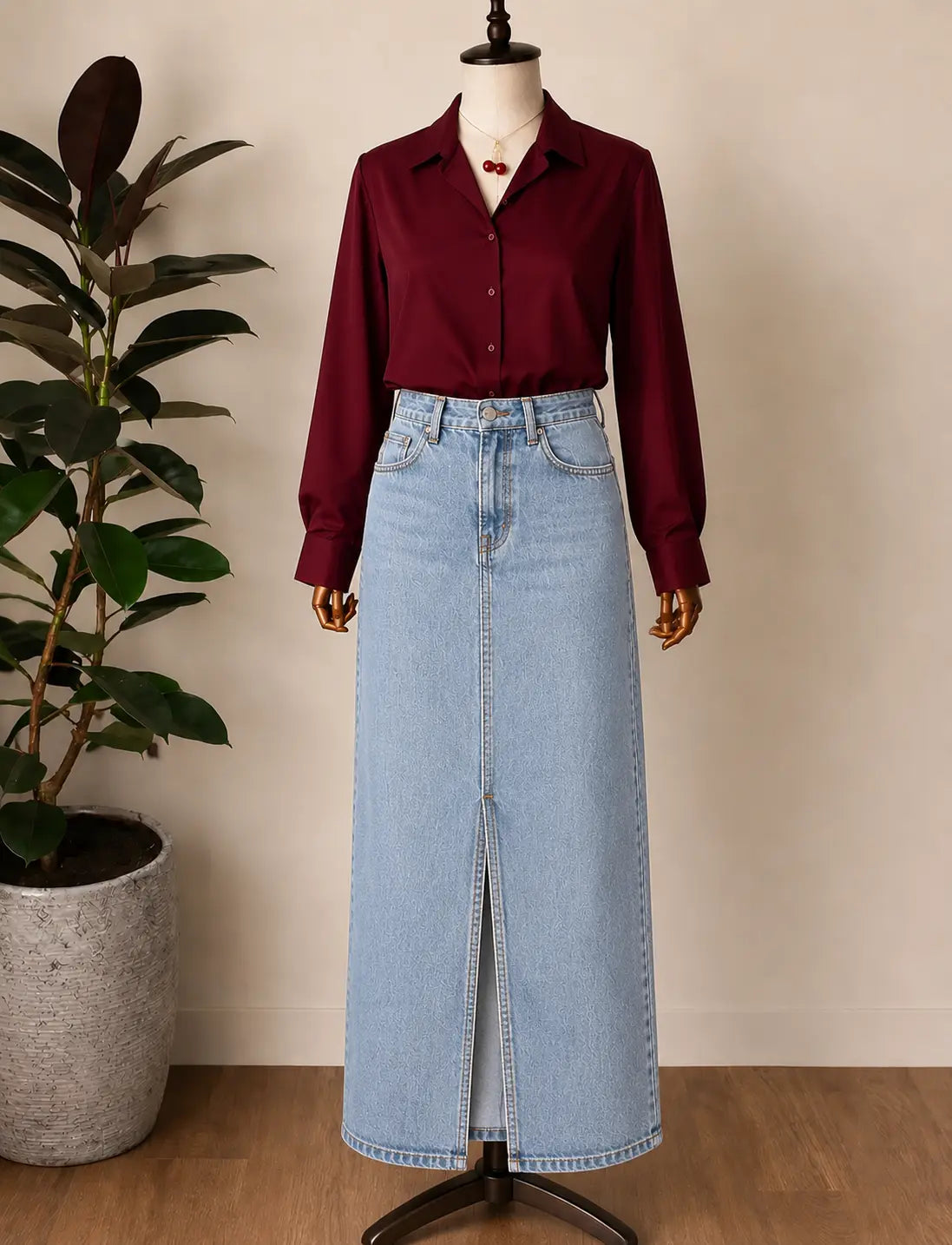 DUO PACK ( MAROON BUTTON DOWN SHIRT WITH SKY BLUE DENIM SKIRT )