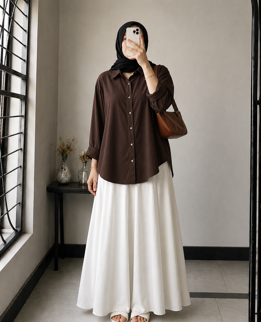 DUO PACK ( DARK BROWN BUTTON DOWN SHIRT WITH WHITE MAXI SKIRT )
