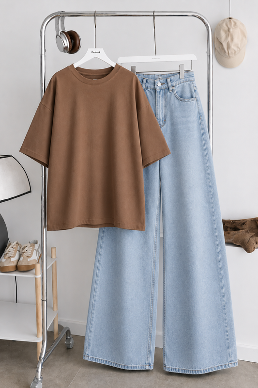 (DUO PACK) COFFEE BROWN BAGGY TEE WITH ICE BLUE WIDE LEG JEANS