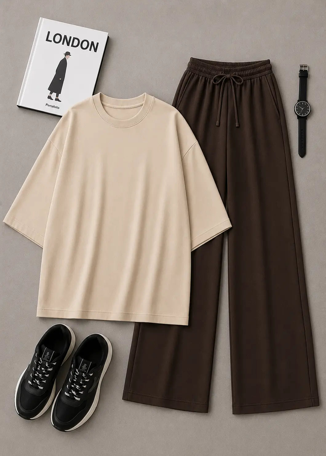 DUO PACK ( BEIGE BAGGY TEE WITH DARK BROWN FLAPPER TROUSER )