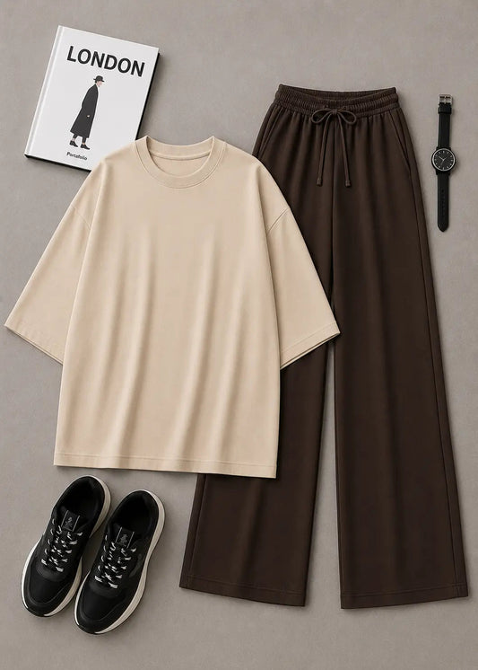 DUO PACK ( BEIGE BAGGY TEE WITH DARK BROWN FLAPPER TROUSER )