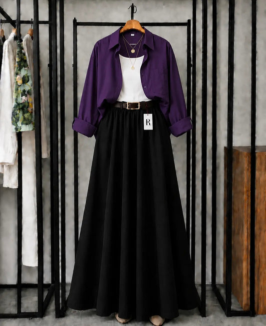 SUMMER TRIO PACK ( DARK PURPLE BUTTON DOWN SHIRT WITH WHITE INNER AND BLACK MAXI SKIRT )