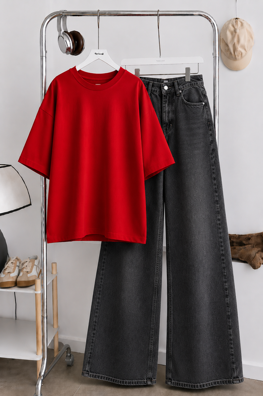 (DUO PACK) RED BAGGY TEE WITH CHARCOAL GREY WIDE LEG JEANS.