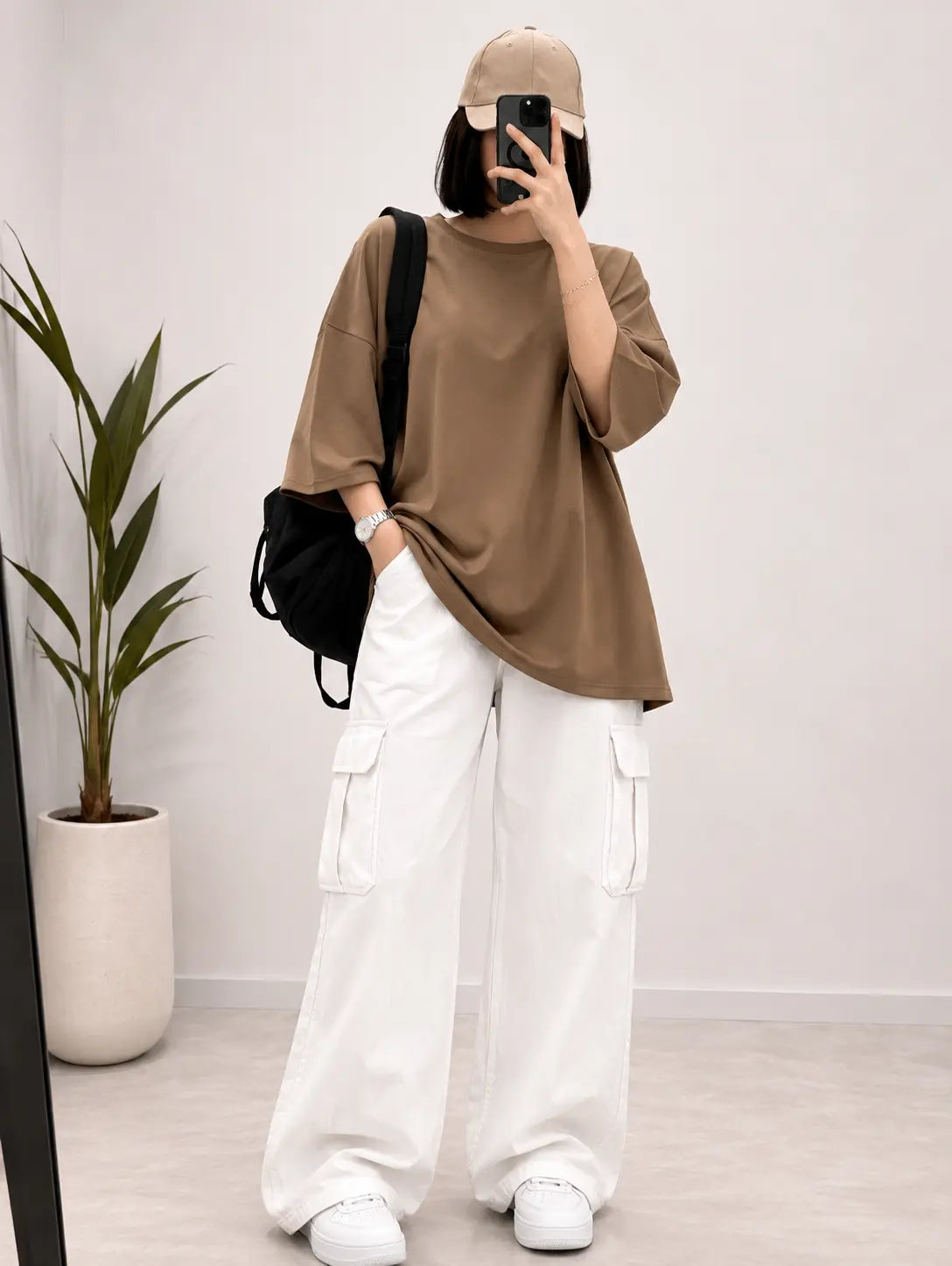 DUO PACK ( COFFEE BROWN BAGGY TEE WITH WHITE CARGO WIDE LEG JEANS )