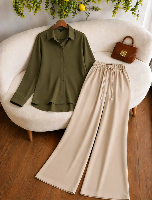 DUO PACK ( OLIVE GREEN BUTTON DOWN SHIRT WITH BEIGE FLAPPER TROUSER )