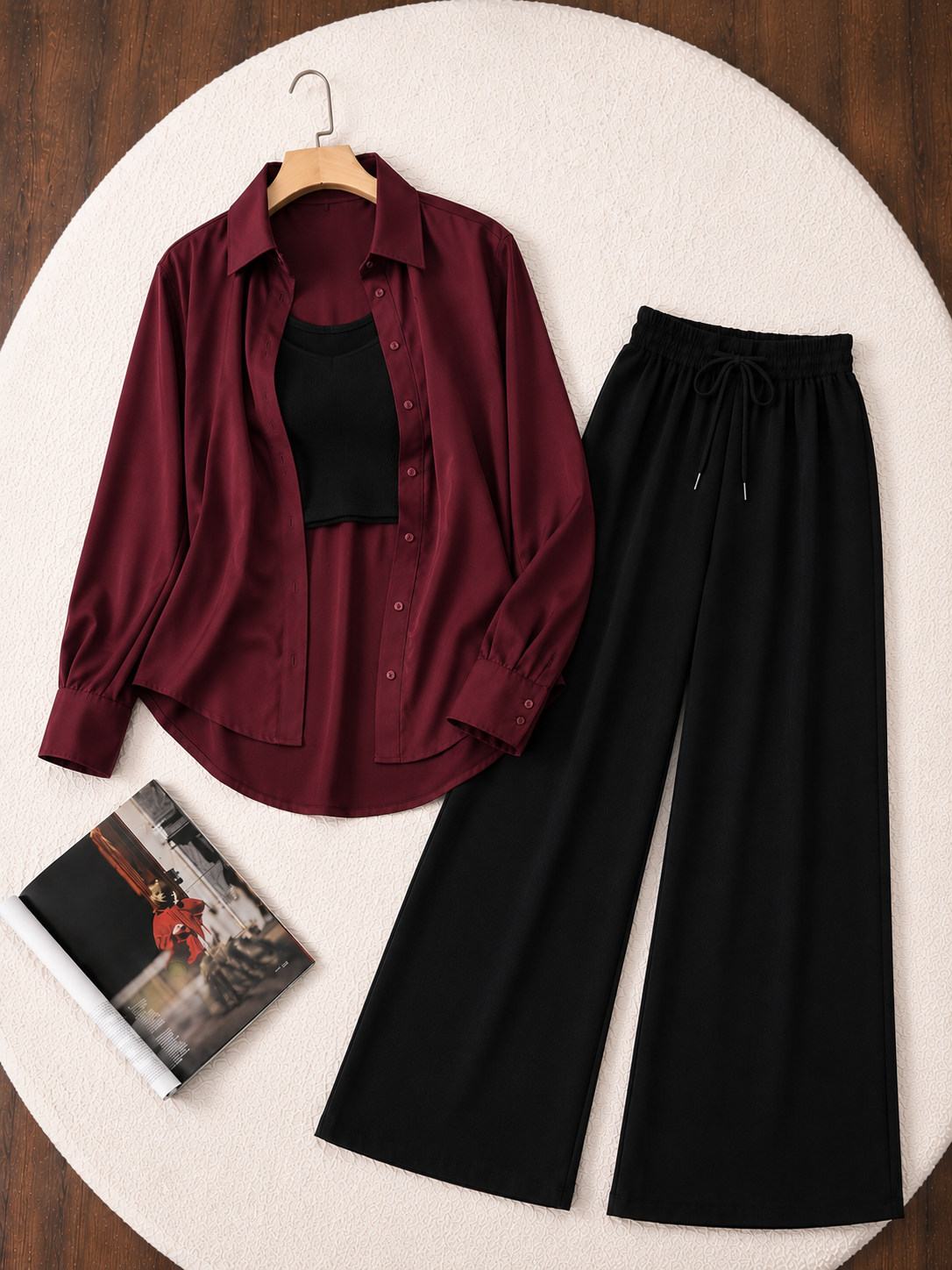 (TRIO PACK) MAROON BUTTON DOWN SHIRT WITH BLACK INNER AND BLACK FLAPPER TROUSER.