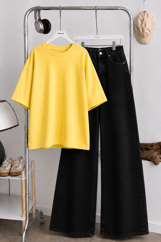(DUO PACK) YELLOW BAGGY TEE WITH JET BLACK WIDE LEG JEANS.