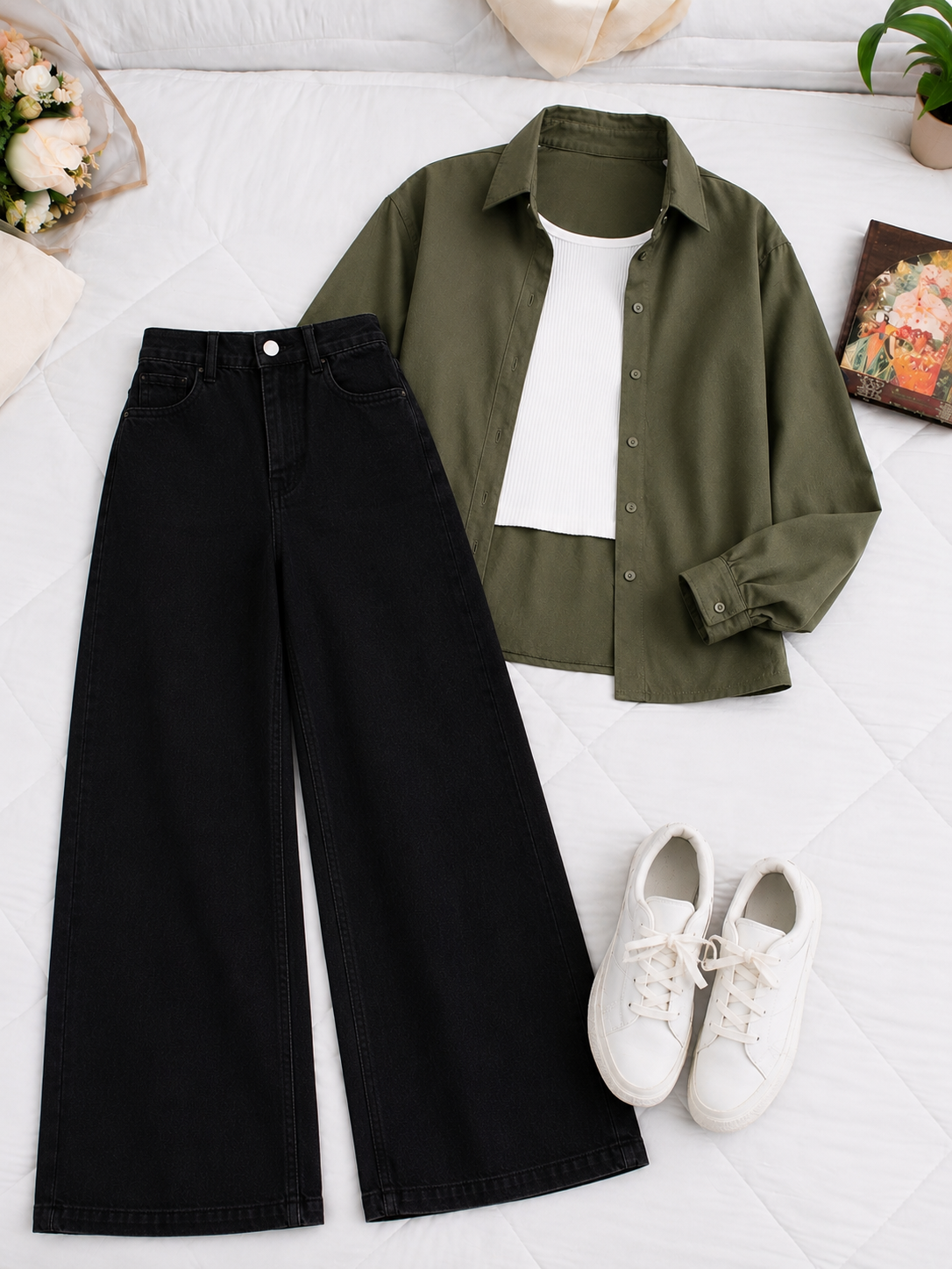 (TRIO PACK) OLIVE GREEN BUTTON DOWN SHIRT WITH WHITE INNER AND JET BLACK WIDE LEG JEANS
