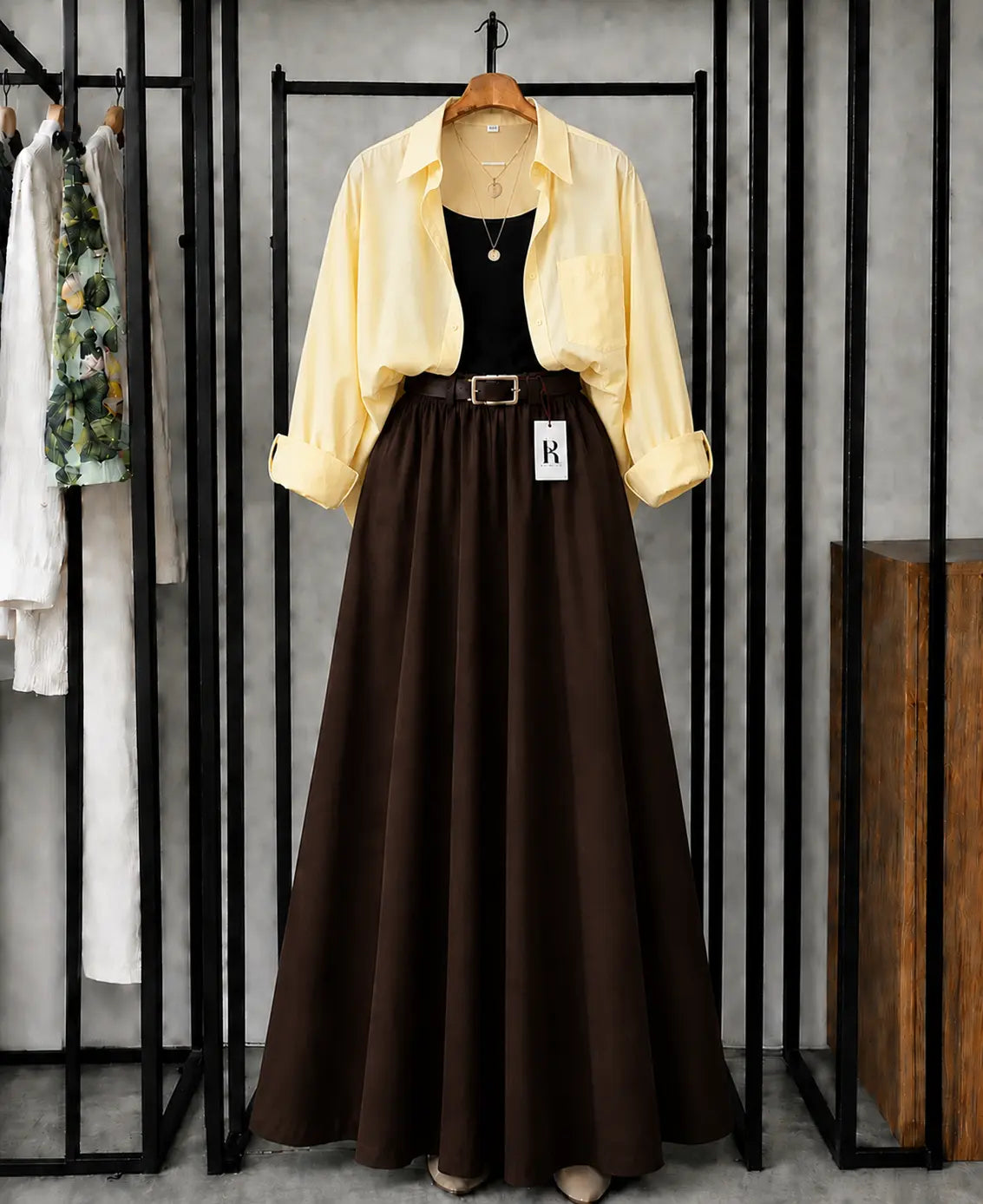 SUMMER TRIO PACK ( BEIGE BUTTON DOWN SHIRT WITH WHITE INNER AND DARK BROWN MAXI SKIRT)