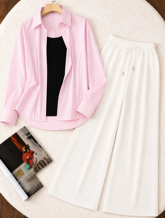 TRIO PACK ( WHITE AND PINK STRIPES BUTTON DOWN SHIRT WITH BLACK INNER AND WHITE FLAPPER TROUSER)