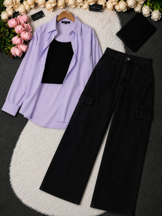 SUMMER TRIO PACK ( LILAC BUTTON DOWN SHIRT WITH BLACK INNER AND JET BLACK CARGO DENIM.)