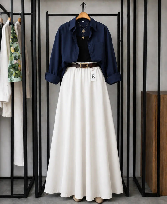 SUMMER TRIO PACK ( NAVY BLUE BUTTON DOWN SHIRT WITH BLACK INNER AND WHITE MAXI SKIRT)