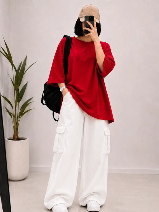 DUO PACK ( RED BAGGY TEE  WITH WHITE CARGO WIDE LEG JEANS )