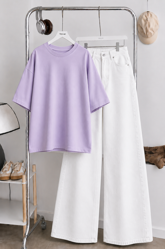 (DUO PACK) LILAC BAGGY TEE WITH WHITE WIDE LEG JEANS.