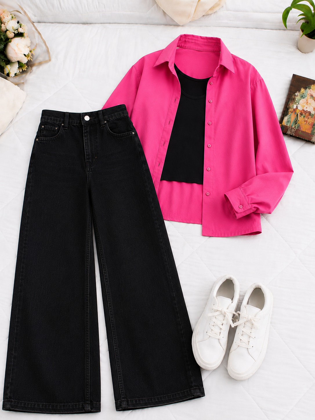 (TRIO PACK) SHOCKING PINK BUTTON DOWN SHIRT WITH BLACK INNER AND JET BLACK WIDE LEG JEANS