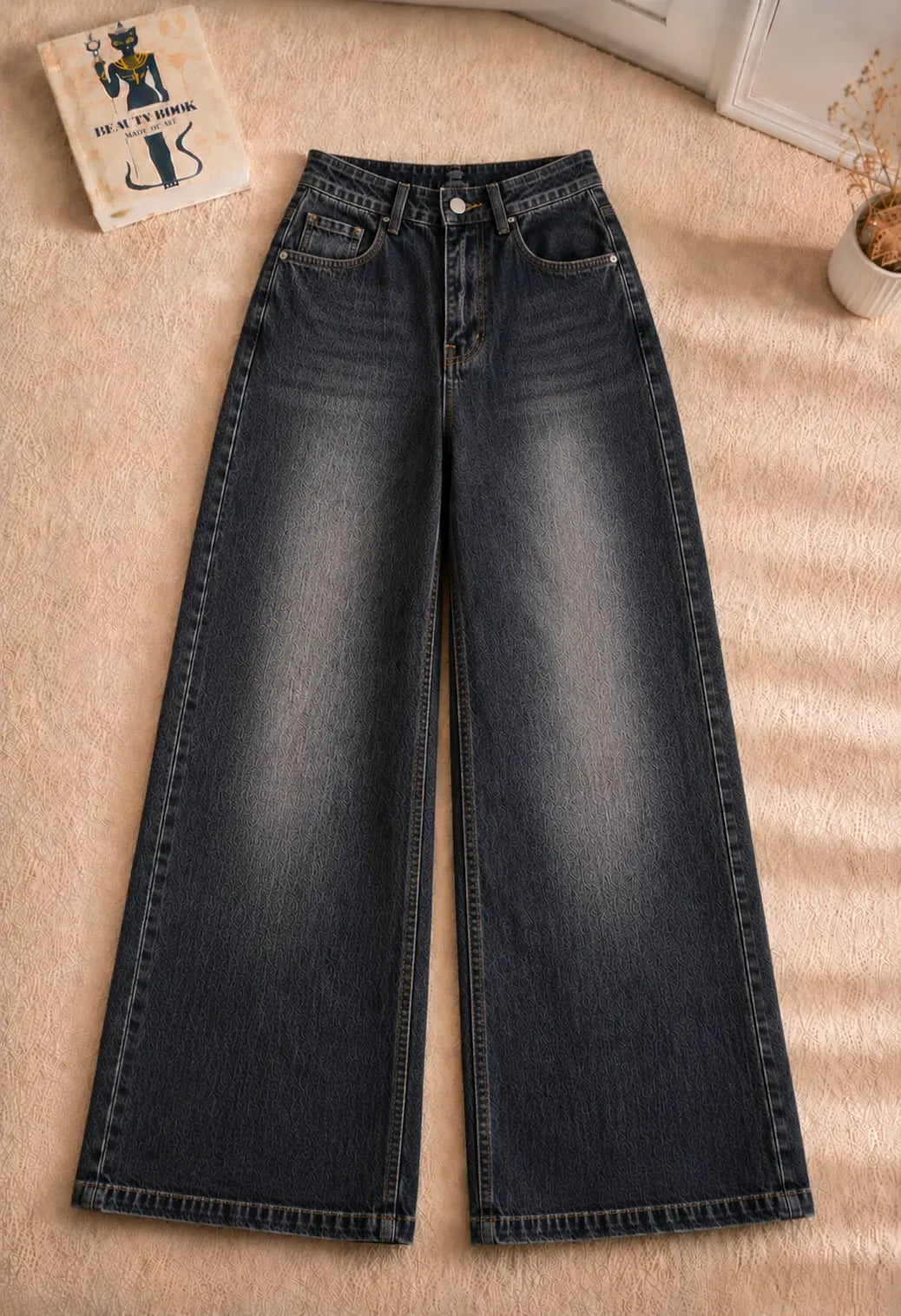 MALAYSIAN BLACK FADED WIDE LEG BAGGY JEANS
