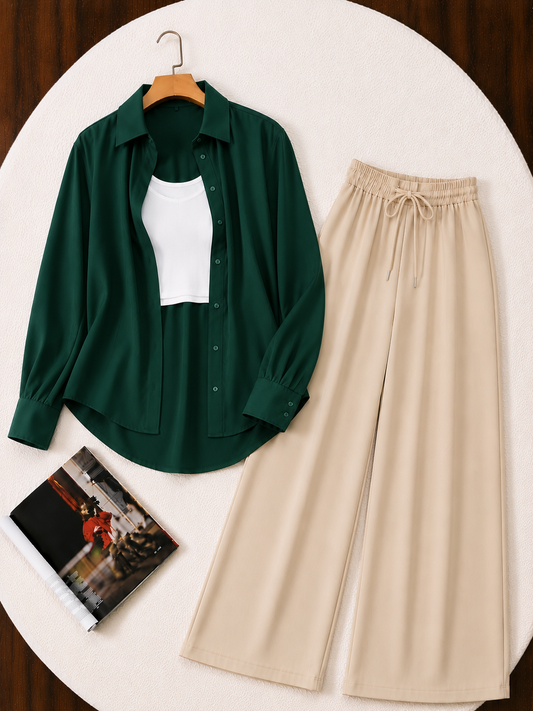 (TRIO PACK) BOTTLE GREEN BUTTON DOWN SHIRT WITH WHITE INNER AND BEIGE FLAPPER TROUSER.