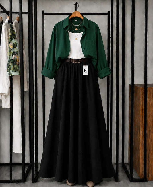 SUMMER TRIO PACK ( BOTTLE GREEN BUTTON DOWN SHIRT WITH WHITE INNER AND BLACK MAXI SKIRT )