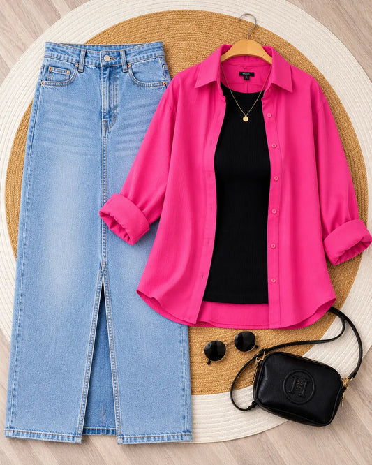 SUMMER TRIO PACK ( SHOCKING PINK BUTTON DOWN SHIRT WITH BLACK INNER AND SKY BLUE DENIM SKIRT)