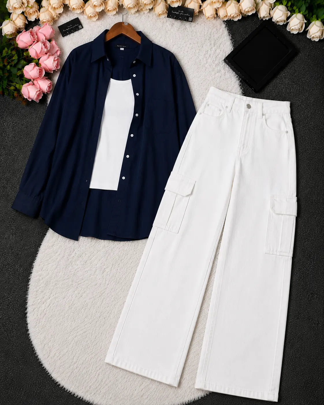 SUMMER TRIO PACK ( NAVY BLUE BUTTON DOWN SHIRT WITH WHITE INNER AND WHITE WIDE LEG CARGO DENIM)
