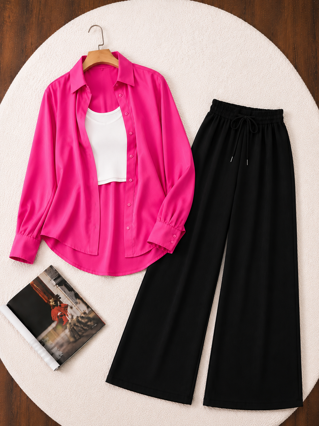 (TRIO PACK) SHOCKING PINK BUTTON DOWN SHIRT WITH WHITE INNER AND BLACK FLAPPER TROUSER.